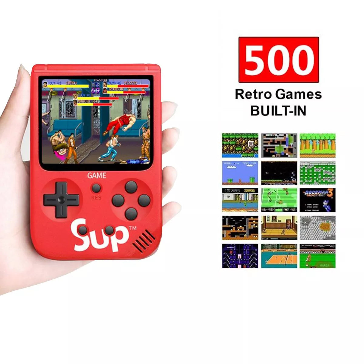 Tech stop Link UPGRADED handheld retro gaming console with 500 games and built-in 5000mAh portable charger, featuring a classic design.