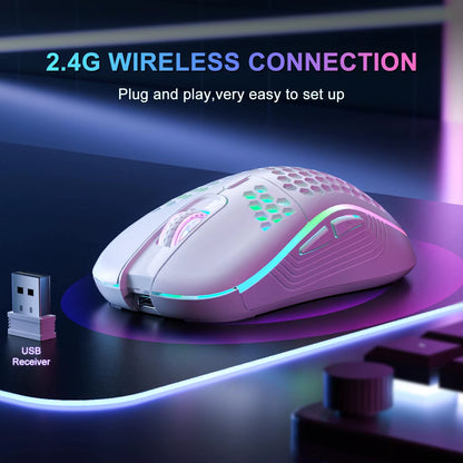 Wireless gaming mouse by Tech Stop featuring RGB backlit, 6 buttons, ergonomic honeycomb design, Type C rechargeable, 3-speed DPI