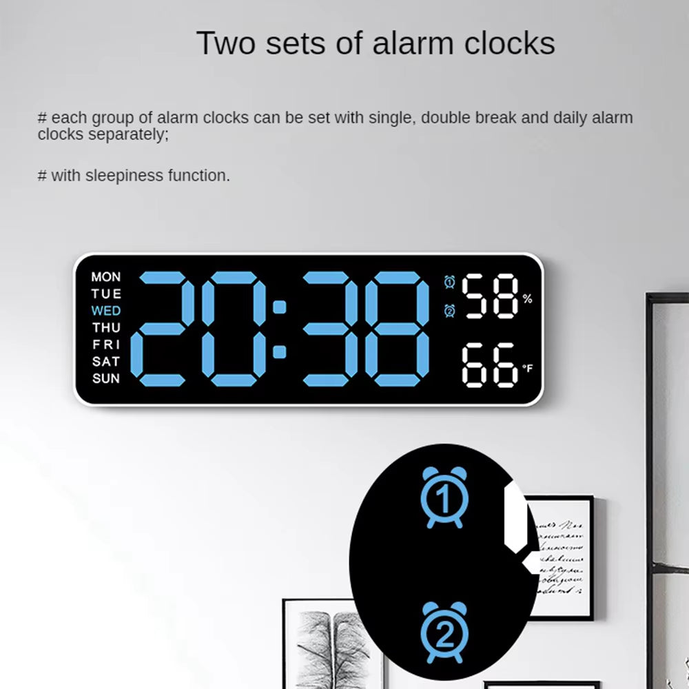 Large LED digital wall clock by Tech Stop showing time, temperature, humidity, and week display on a modern wall.