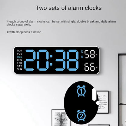 Large LED digital wall clock by Tech Stop showing time, temperature, humidity, and week display on a modern wall.
