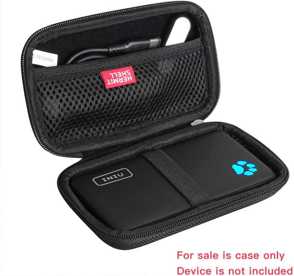 Black hard travel case for INIU 10000mAh portable charger by Tech stop, designed to securely store and protect the power bank.