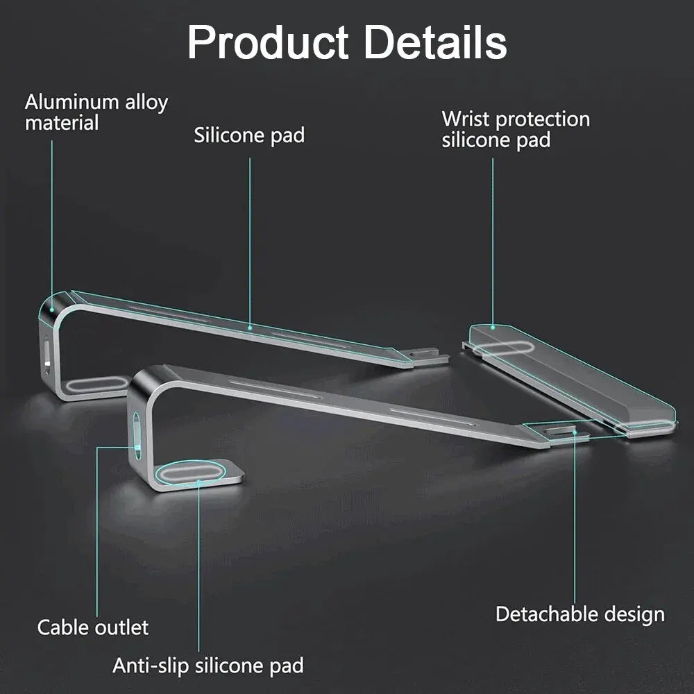 Tech stop aluminum ergonomic laptop stand with wrist pad, portable design, and adjustable base for comfortable typing and viewing.