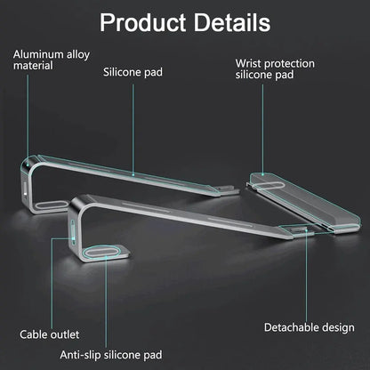 Tech stop aluminum ergonomic laptop stand with wrist pad, portable design, and adjustable base for comfortable typing and viewing.
