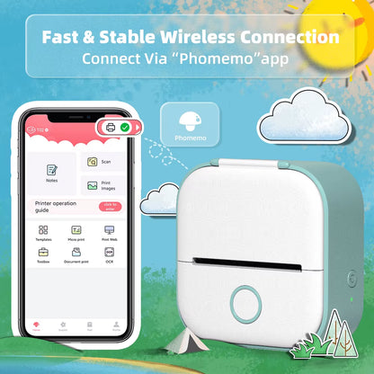 Tech stop T02 portable mini sticker printer printing self-adhesive labels for journals, notes, photos, and DIY projects.