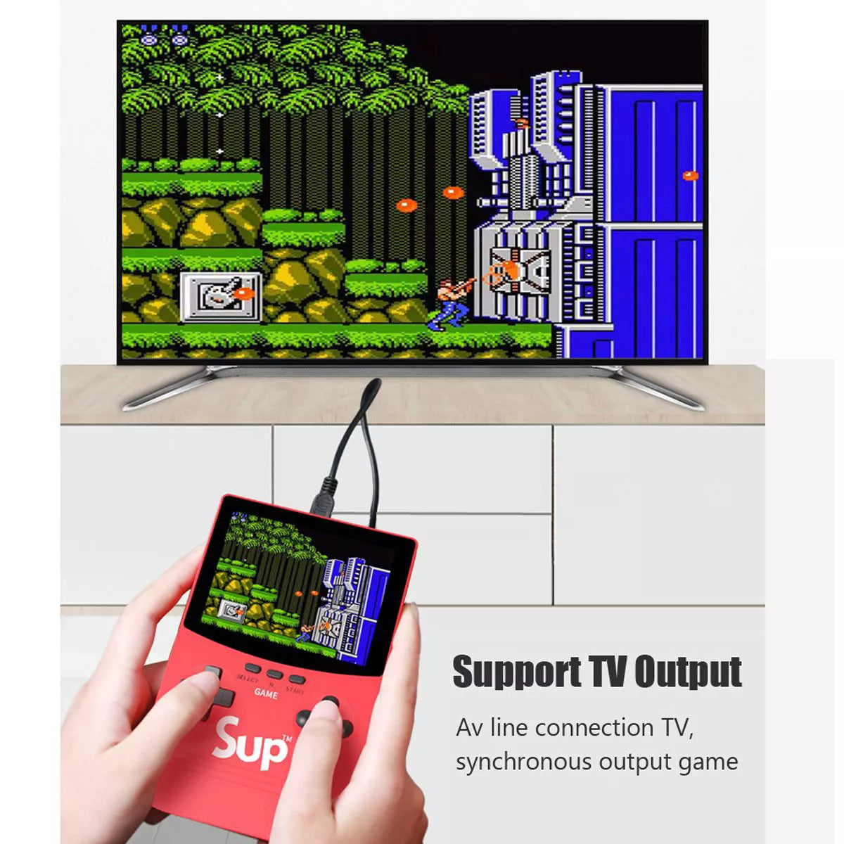 Tech stop Link UPGRADED handheld retro gaming console with 500 games and built-in 5000mAh portable charger, showing the device and screen.