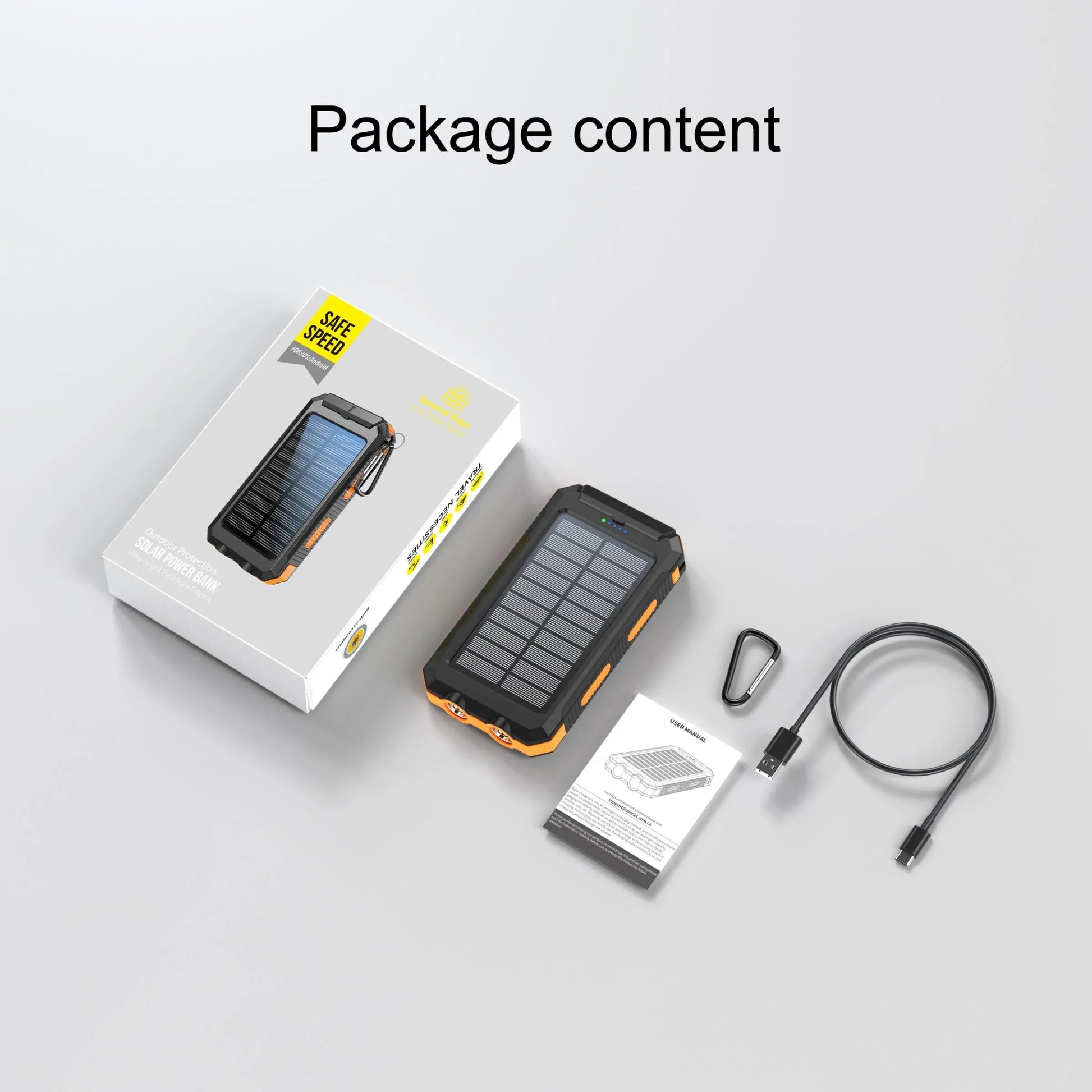Tech stop 10,000mAh solar power bank with built-in solar panel, portable rechargeable battery for outdoor charging and travel.