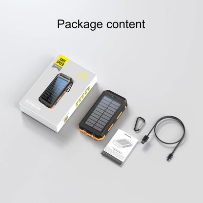 Tech stop 10,000mAh solar power bank with built-in solar panel, portable rechargeable battery for outdoor charging and travel.