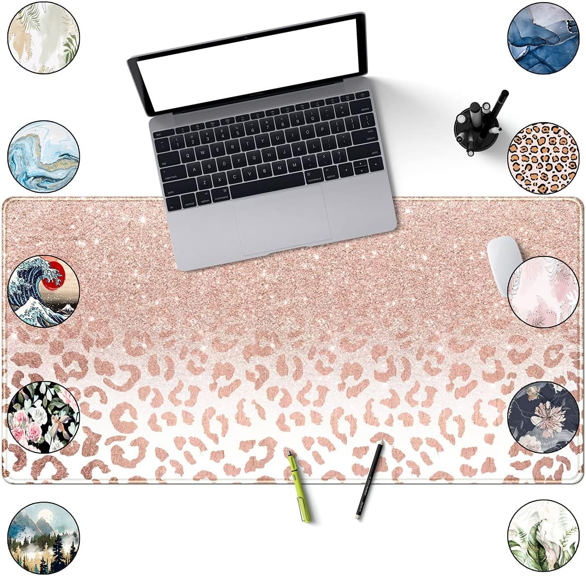 Large pink rose gold leopard print desk mat with stitched edges, non-slip bottom, perfect for office or home workspace decor.