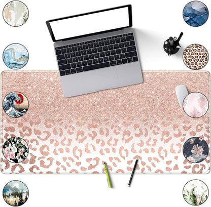 Large pink rose gold leopard print desk mat with stitched edges, non-slip bottom, perfect for office or home workspace decor.