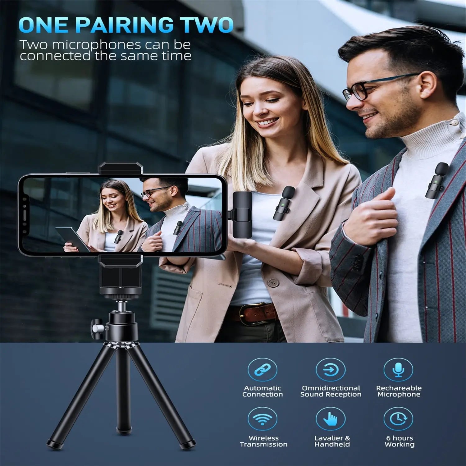 Two wireless Lavalier clip-on microphones from Tech Stop, with black clips and compact design for hands-free audio recording.