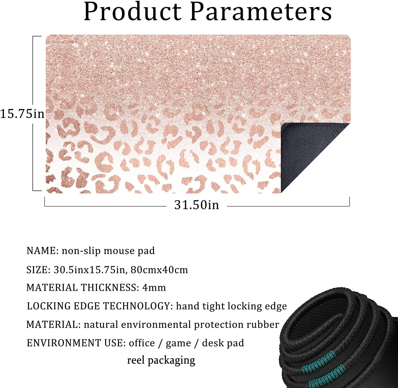 Pink rose gold leopard print XXL mouse pad with stitched edges, non-slip bottom, large desk mat for office decor by Tech Stop.