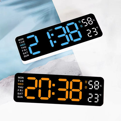 Large LED digital wall clock by Tech Stop displaying time, temperature, humidity, and week information on a modern wall.