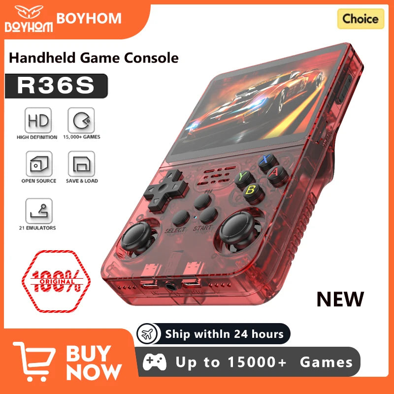 Tech stop R36S Retro handheld game console with 3.5-inch IPS screen, 64GB storage, portable video player, and game controls.