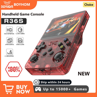 Tech stop R36S Retro handheld game console with 3.5-inch IPS screen, 64GB storage, portable video player, and game controls.