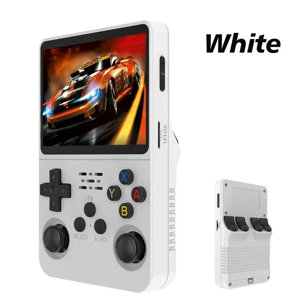 Retro R36S handheld game console by Tech Stop with 3.5-inch IPS screen, 64GB storage, portable design, and game controls.