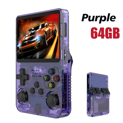 Tech stop R36S Retro handheld game console with 3.5-inch IPS screen, 64GB storage, and colorful game controls.