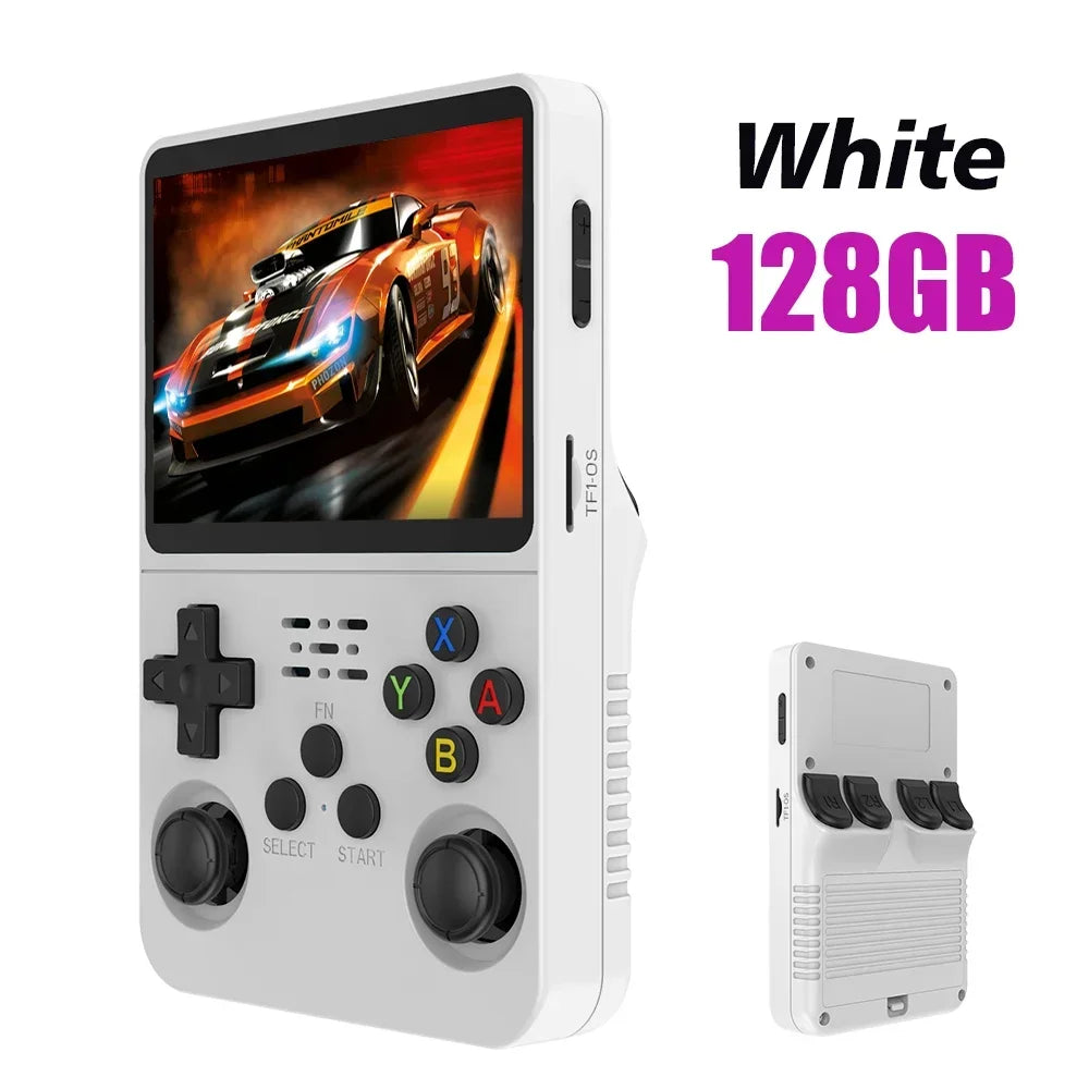 Tech stop R36S Retro handheld game console with 3.5-inch IPS screen, 64GB storage, and colorful game interface.