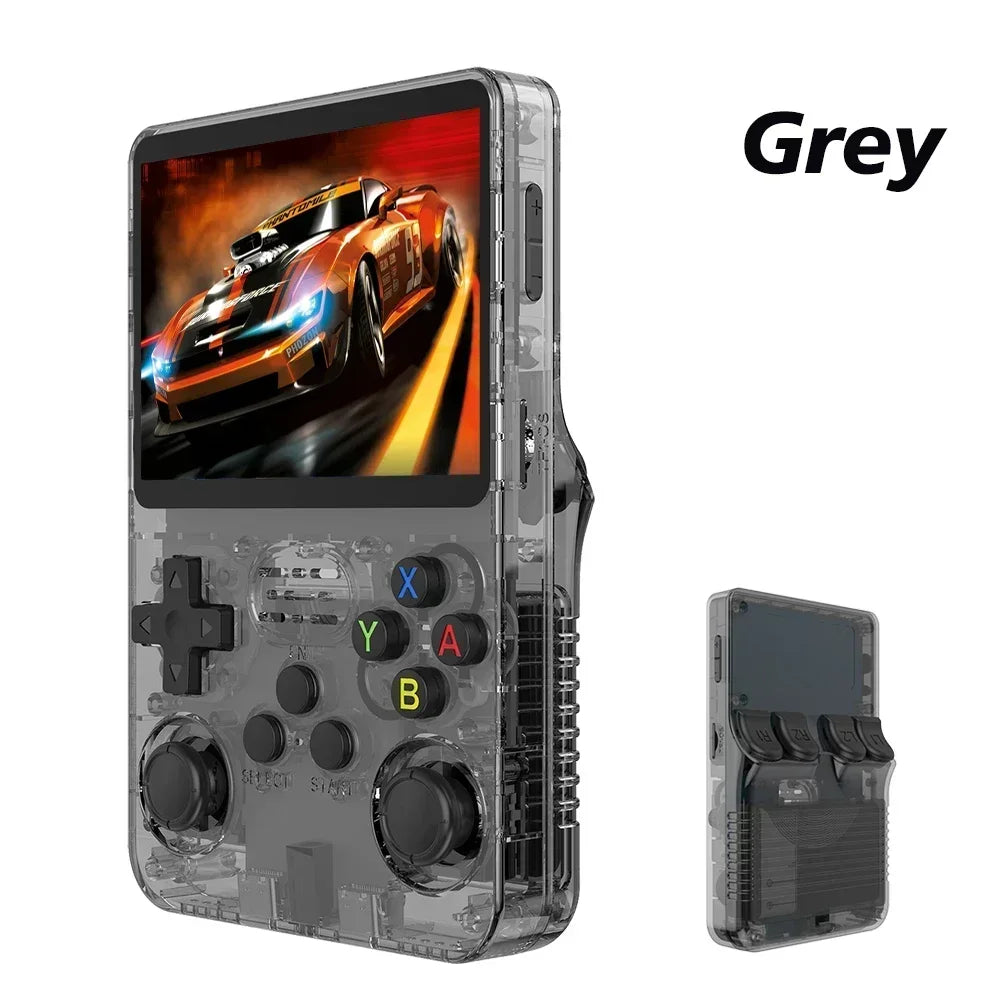 Tech stop R36S Retro handheld game console with 3.5-inch IPS screen, 64GB storage, portable gaming device for kids.