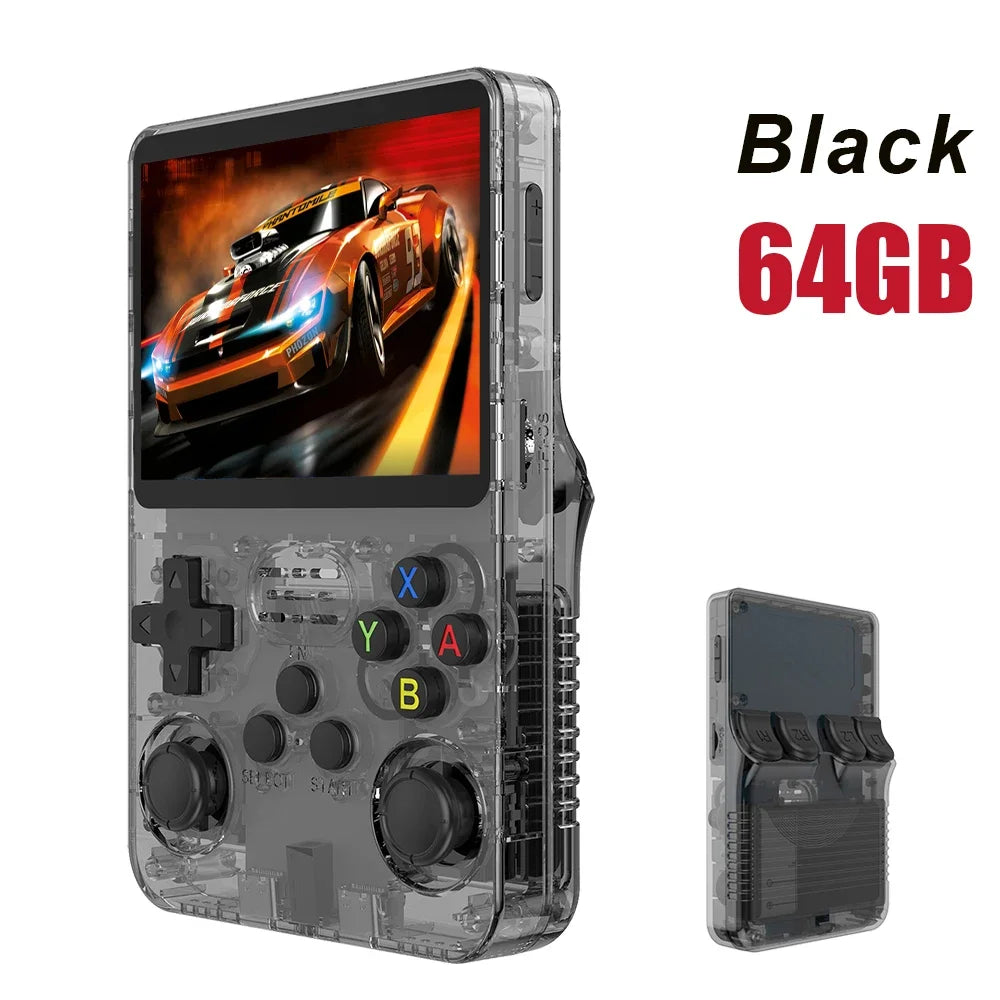 Tech stop R36S Retro Handheld Game Console with 3.5-inch IPS screen, 64GB storage, portable video player, and game controls