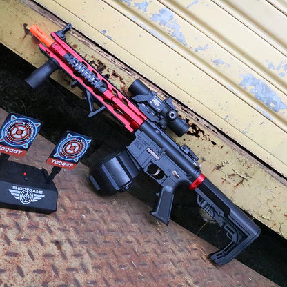 Tech stop M4 Electric Gel Ball Blaster toy showing the manual and automatic splatter ball blaster for outdoor shooting games