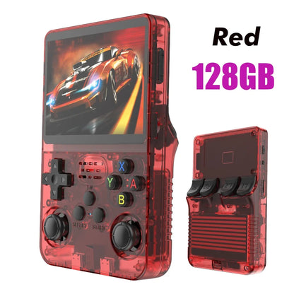 Tech stop R36S retro handheld game console with 3.5-inch IPS screen, 64GB storage, portable design, for kids and gaming enthusiasts