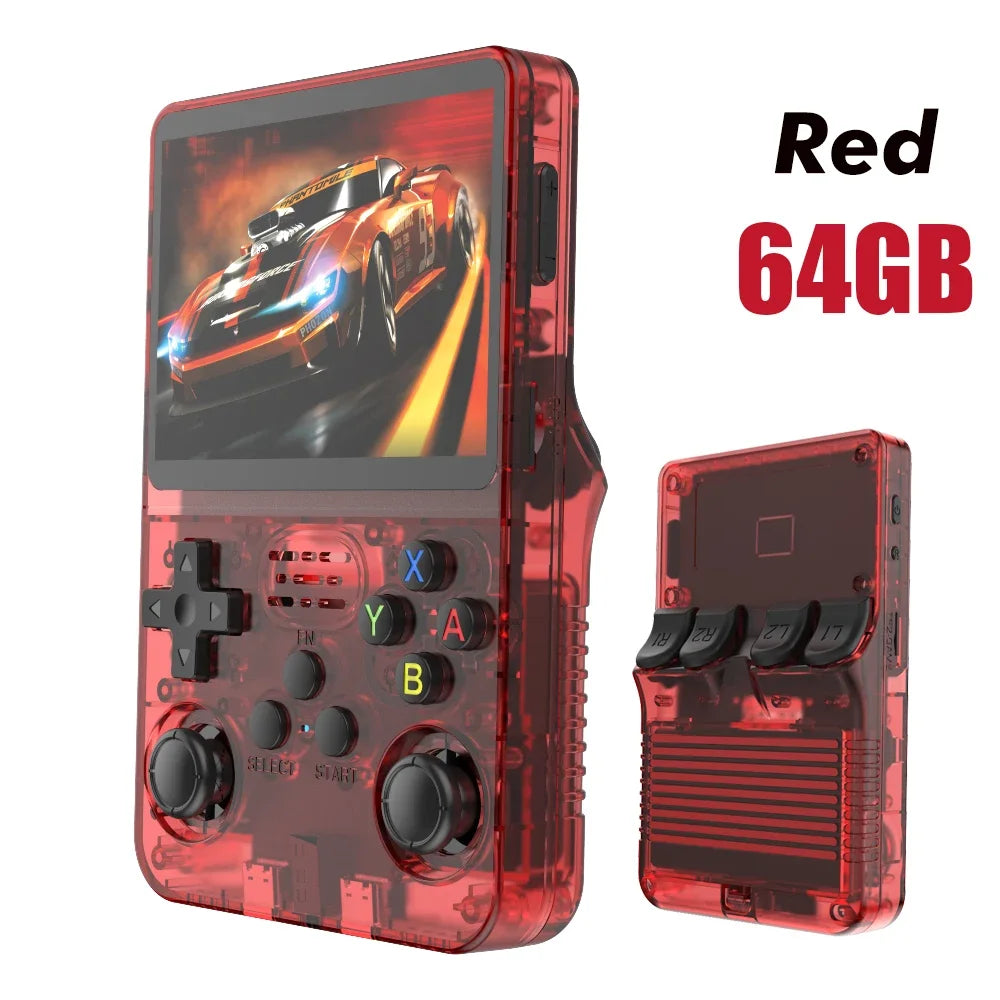 Tech Stop R36S Retro Handheld Game Console with 3.5-inch IPS screen, 64GB or 128GB storage, portable video player, and gaming system.