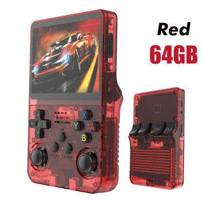 Tech Stop R36S Retro Handheld Game Console with 3.5-inch IPS screen, 64GB or 128GB storage, portable video player, and gaming system.