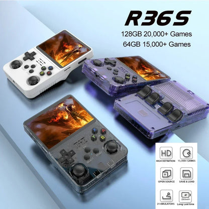 Tech stop R36S retro handheld game console with 3.5-inch IPS screen, 64GB storage, portable design, perfect for kids' gaming.