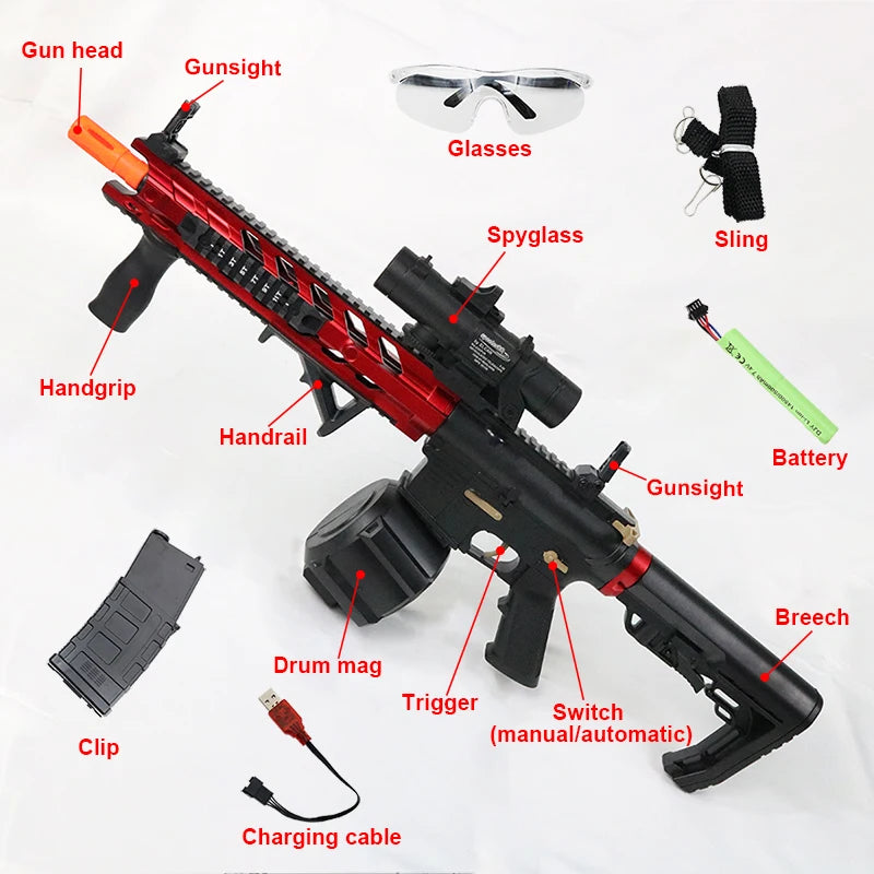 Tech stop M4 Electric Gel Ball Blaster toy with manual and automatic modes, eco-friendly splatter ball gun for outdoor shooting games