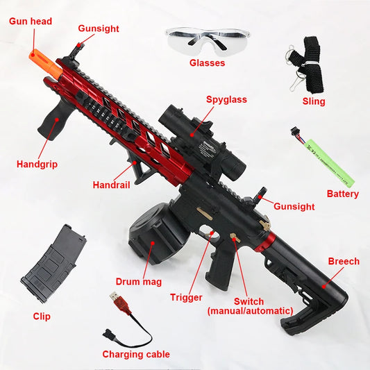 Tech stop M4 Electric Gel Ball Blaster toy with manual and automatic modes, eco-friendly splatter ball gun for outdoor shooting games