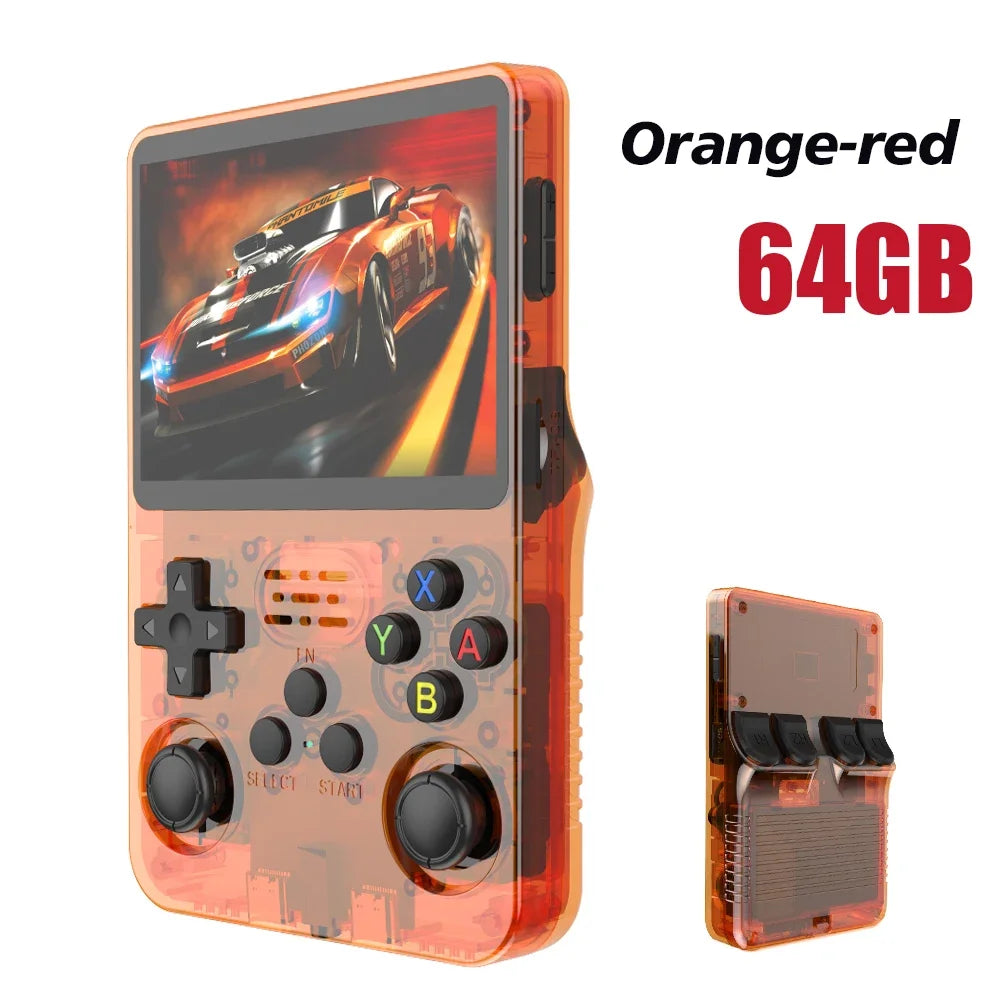 Tech stop R36S Retro handheld game console with 3.5-inch IPS screen, 64GB storage, portable video player, and game controls.