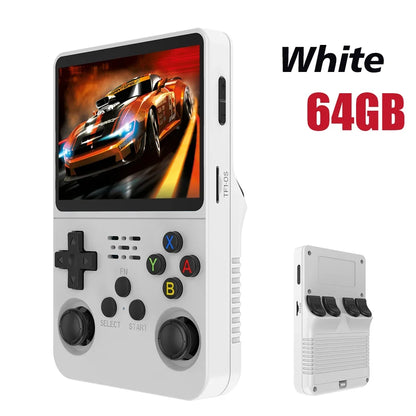 Tech stop R36S retro handheld game console with 3.5-inch IPS screen, 64GB storage, portable design, for gaming and kids.