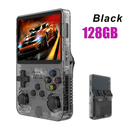 Tech stop R36S Retro Handheld Game Console with 3.5-inch IPS screen, 64GB storage, portable design, and built-in video games.