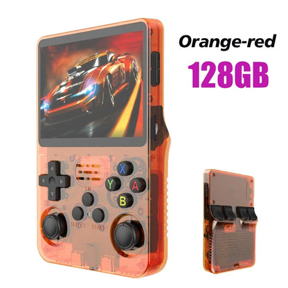 Retro handheld game console by Tech Stop with 3.5-inch IPS screen, 64GB storage, and colorful game display for kids and portable gaming