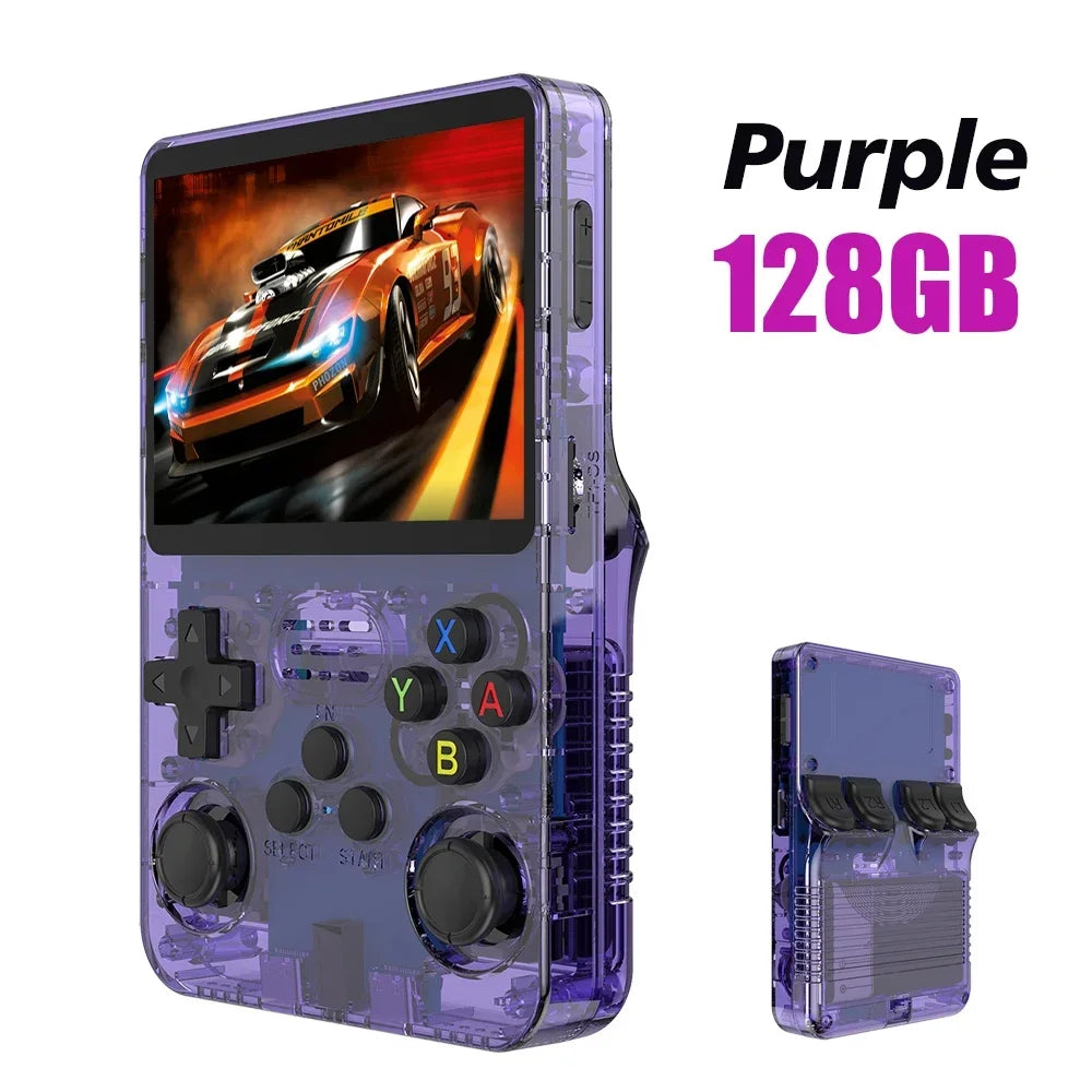 Tech stop R36S Retro Handheld Game Console with 3.5-inch IPS screen, 64GB storage, portable design, and colorful game selection.