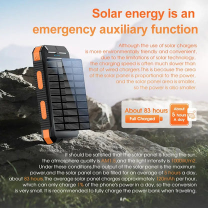 Tech stop 10,000mAh solar power bank with built-in solar panel and USB ports for portable device charging.