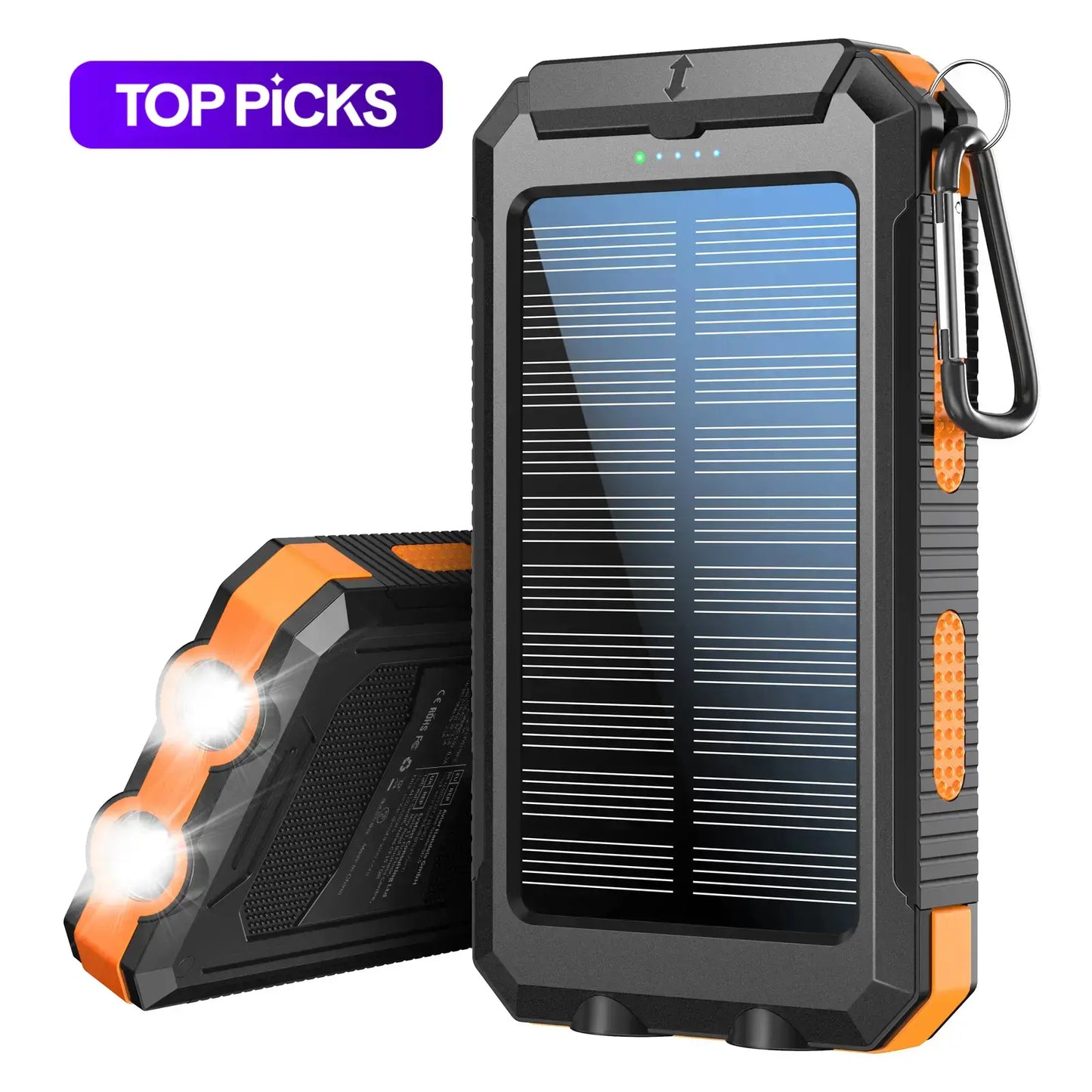 Tech stop 10,000mAh solar power bank with built-in solar panel, portable rechargeable battery for charging devices outdoors.