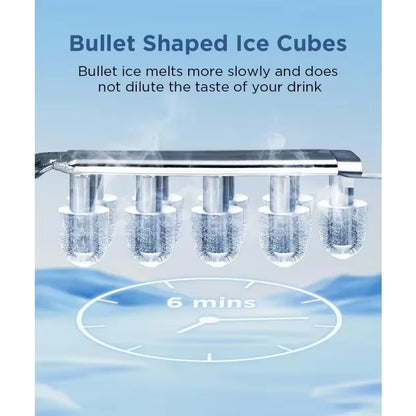 Tech stop countertop portable ice maker with self-cleaning, producing 9 bullet ice cubes every 6 minutes, with basket for easy collection.