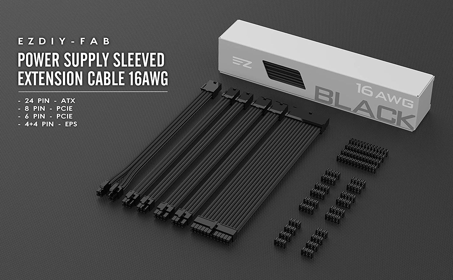 Black Tech Stop PSU cable extension kit with sleeved 24-pin, 8-pin, 6-pin, and 4+4-pin connectors and combs for custom power supplies.