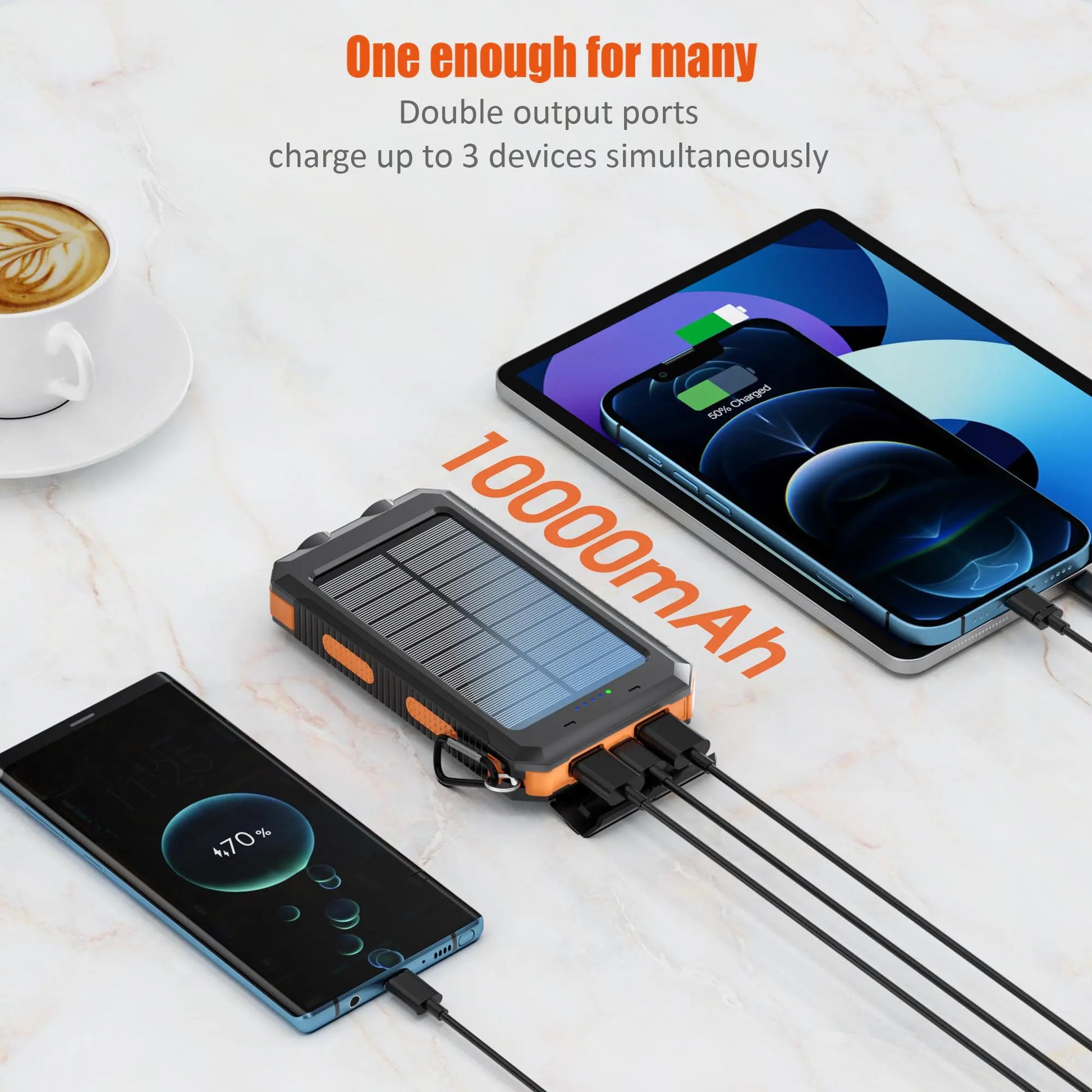 Tech stop 10,000mAh solar power bank with built-in solar panels and USB ports for portable device charging outdoors.