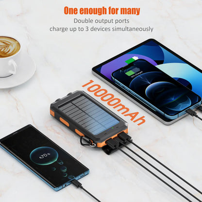 Tech stop 10,000mAh solar power bank with built-in solar panels and USB ports for portable device charging outdoors.