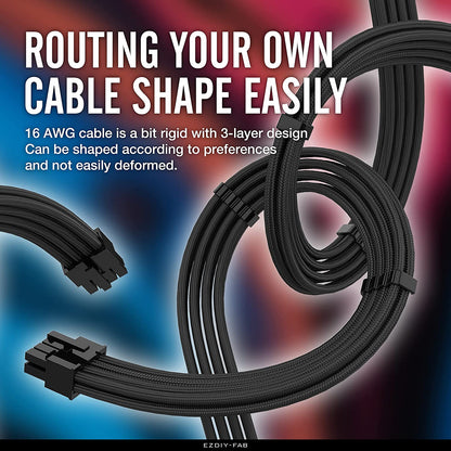 Black Tech Stop PSU cable extension kit with sleeved 16 AWG cables, 24-pin, 8-pin, 6-pin, and 4+4-pin connectors with combs.