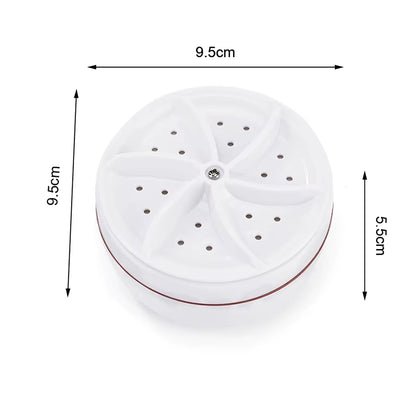 Tech stop Turboclean Mini Washer USB-powered ultrasonic laundry device for home and travel, shown in use with clothing item.