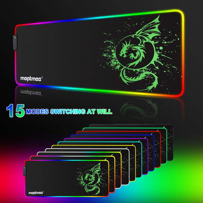 Large Tech Stop RGB gaming mouse pad with green dragon design, 15 LED lighting modes, measuring 31.5 x 12 inches.