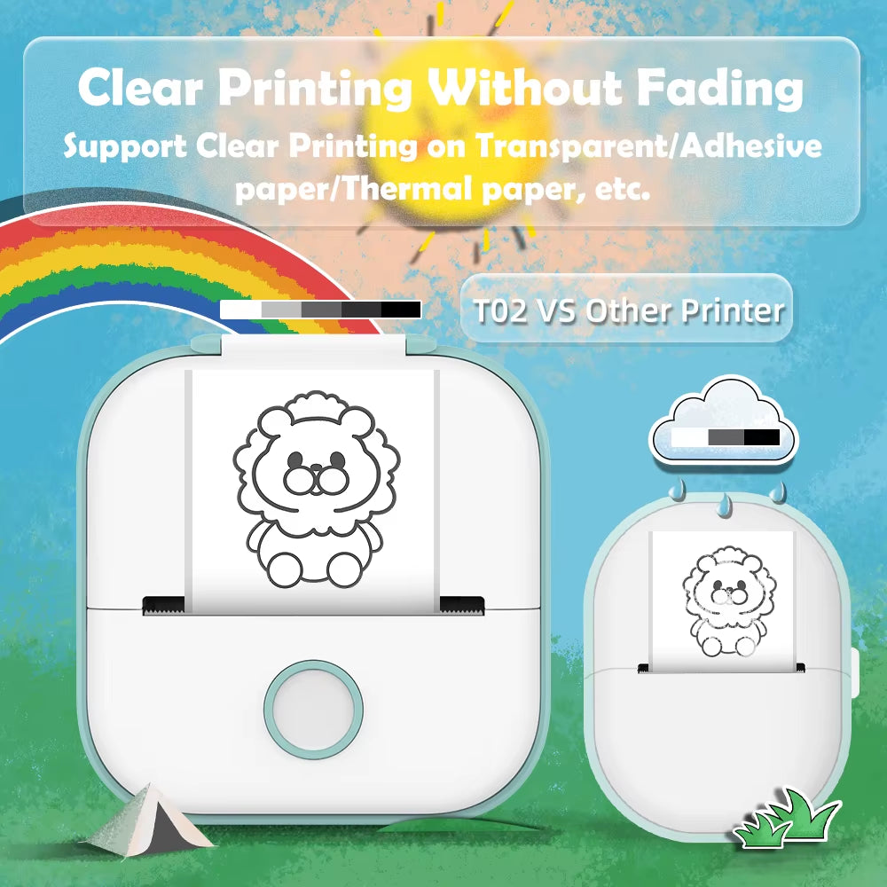 Tech stop T02 portable sticker printer showing self-adhesive labels and compact design for journal, notes, and photo printing.
