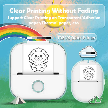 Tech stop T02 portable sticker printer showing self-adhesive labels and compact design for journal, notes, and photo printing.