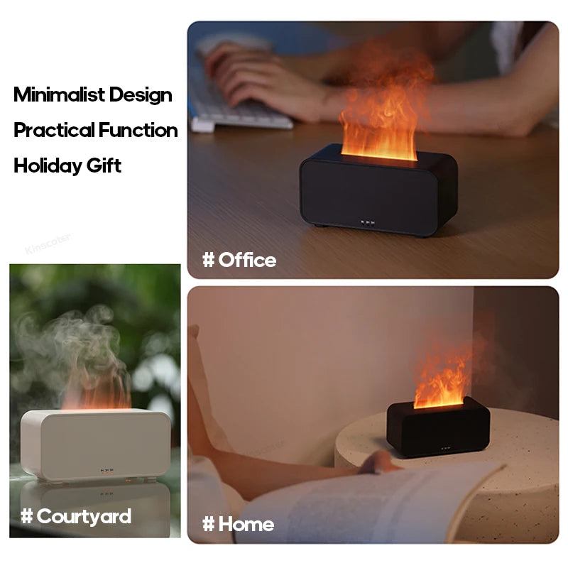 Small Tech stop Flame Mist Diffuser emitting gentle mist with a warm flame design, creating a calming atmosphere.