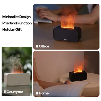 Small Tech stop Flame Mist Diffuser emitting gentle mist with a warm flame design, creating a calming atmosphere.