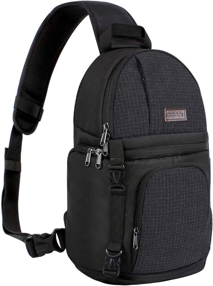 Black Tech Stop camera sling bag with shockproof DSLR/mirrorless case, tripod holder, and removable modular inserts for Canon, Nikon, Sony.