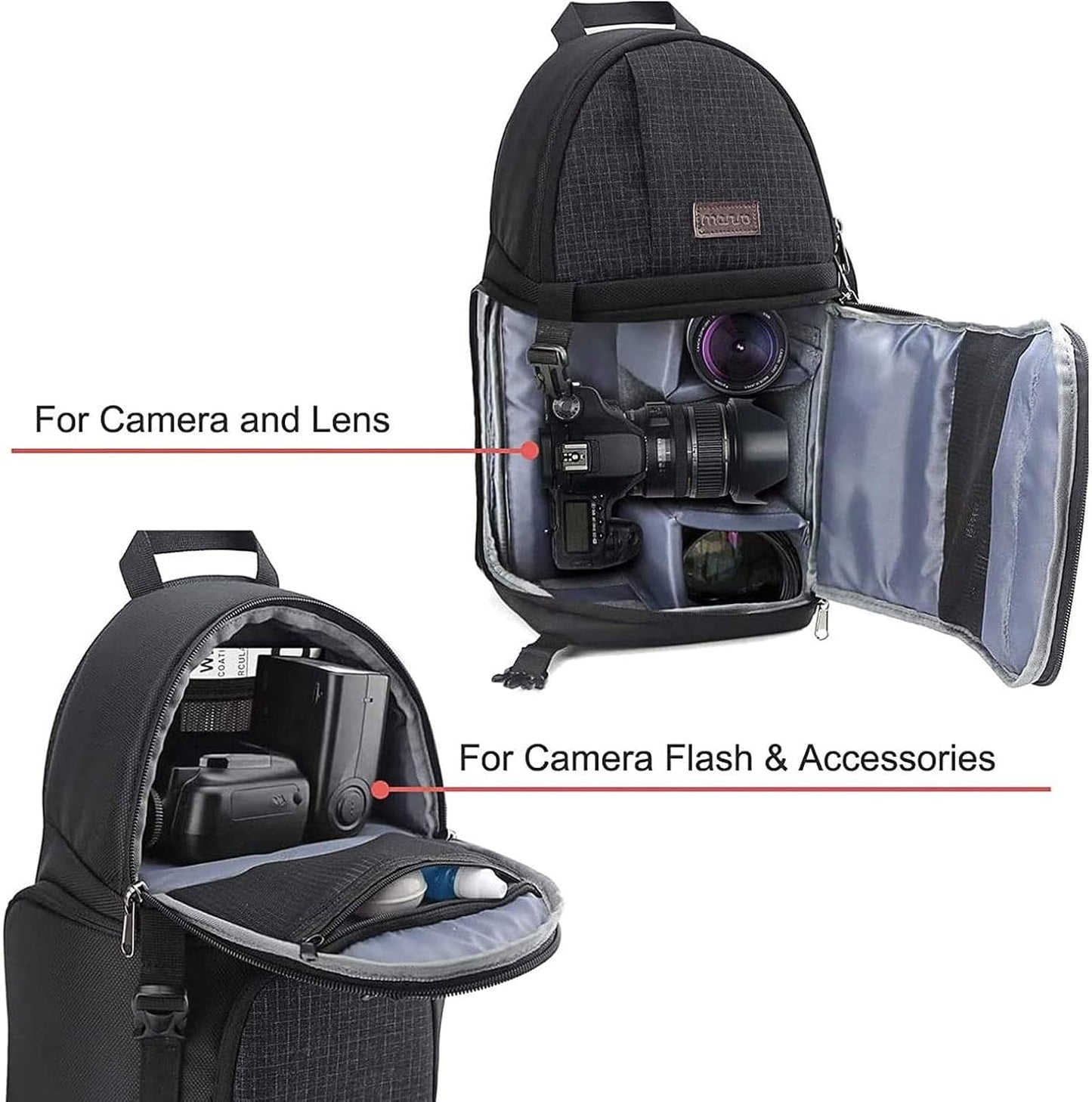Black Tech Stop camera sling bag with shockproof DSLR case, tripod holder, and modular inserts for Canon, Nikon, Sony, Fuji cameras.